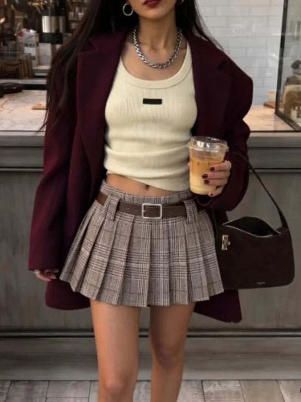 High-Waisted Pleated A-Line Mini Skirt with Belt, Built-in Shorts, Zipper,